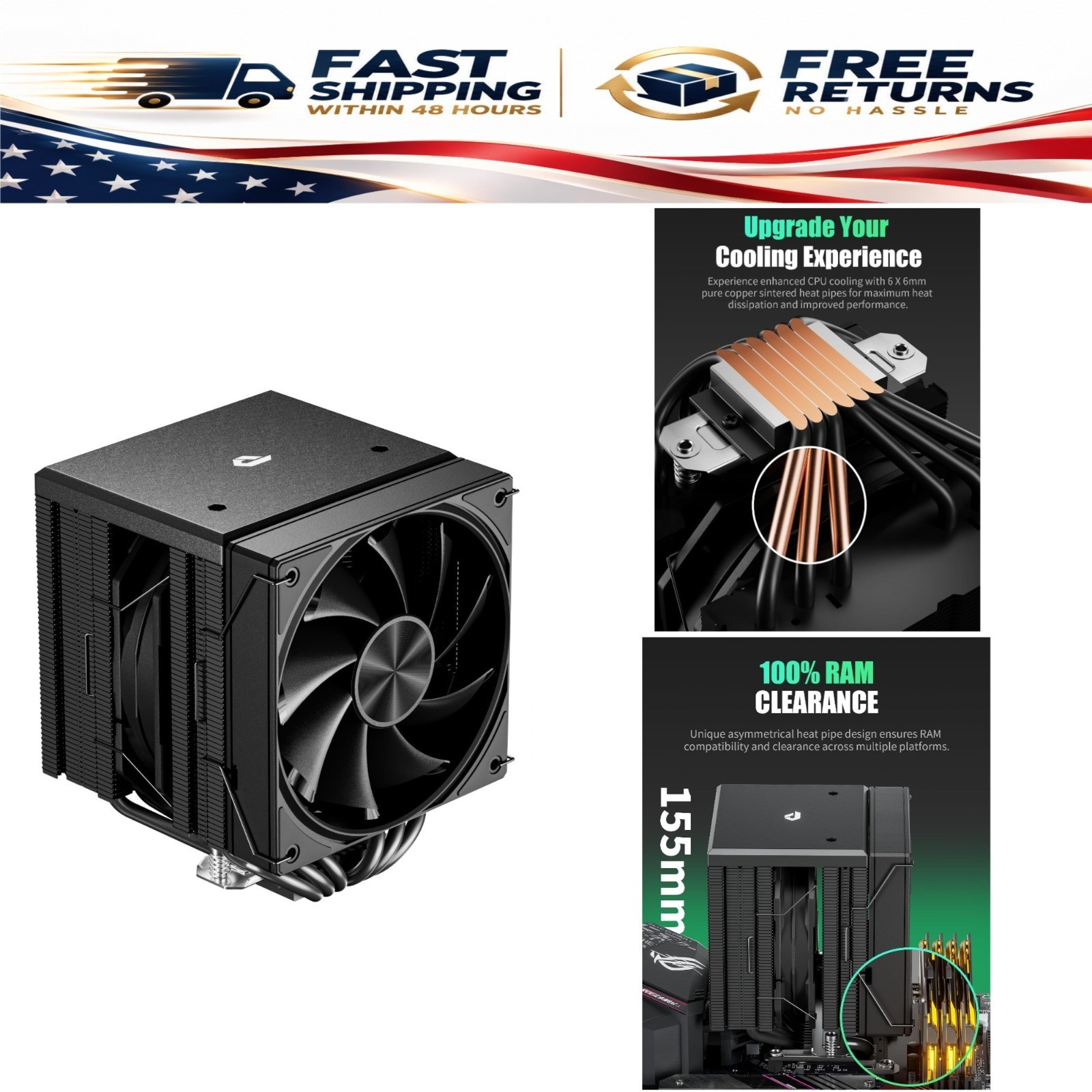 upHere Dual Tower CPU Air Cooler 120mm PWM Fan 6 Heat Pipes LGA 1851 AM5 Black