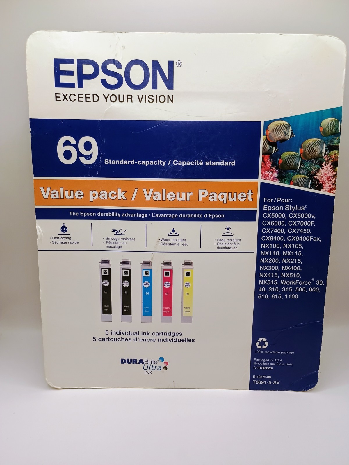 Epson 69 Combo Pack INK Cartridge BLACK (2) AND CYAN/MAGENTA/YELLOW  NWT Expired