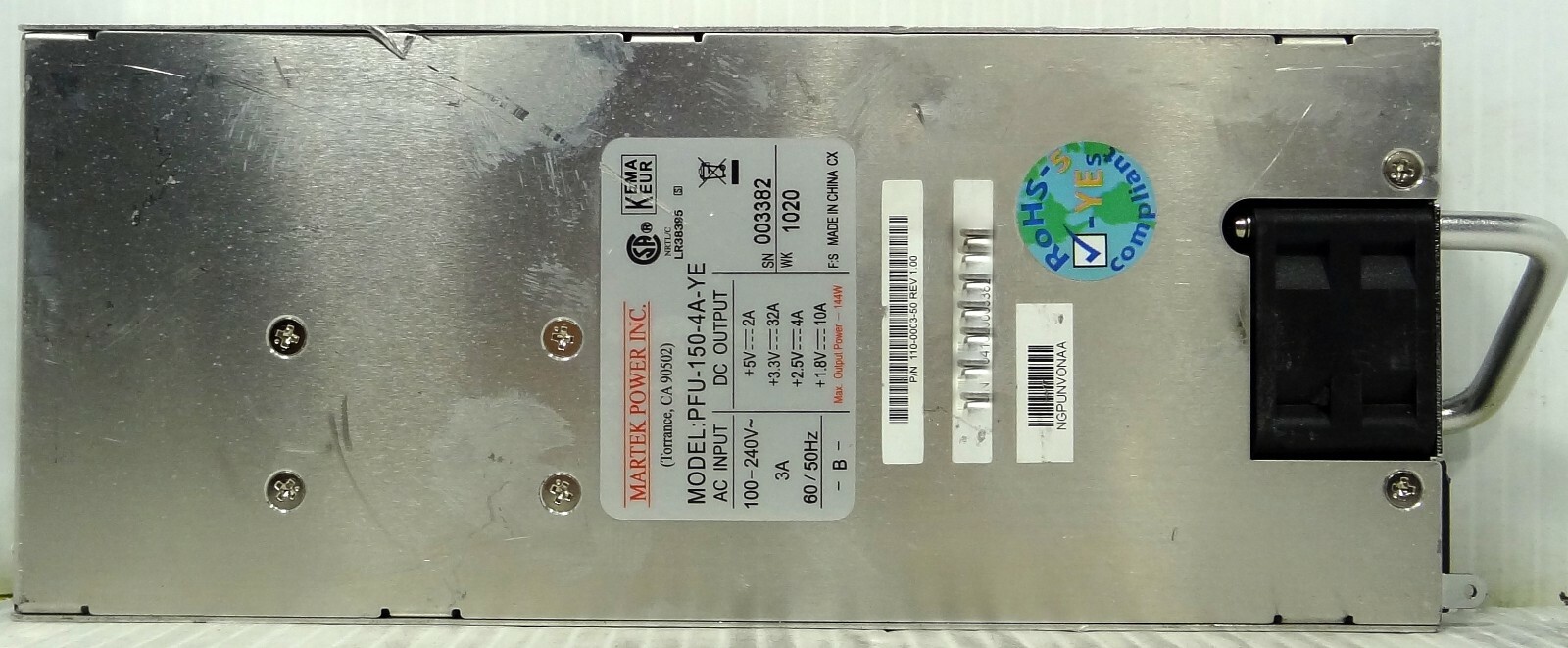 MARTEK POWER PFU-150-4A-YE 144W HOT SWAP POWER SUPPLY 1U NGPUNVONAA