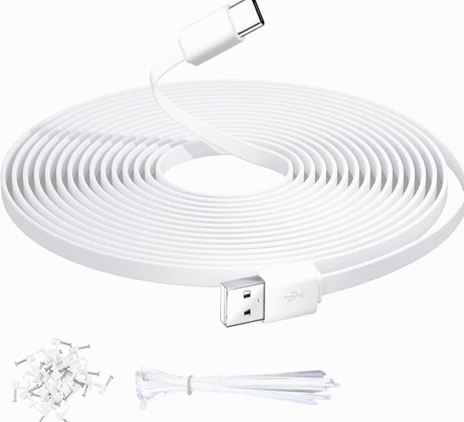 10FT/3M Flat Power Extension Cable for USB C Enabled Home Security Cameras or Ot