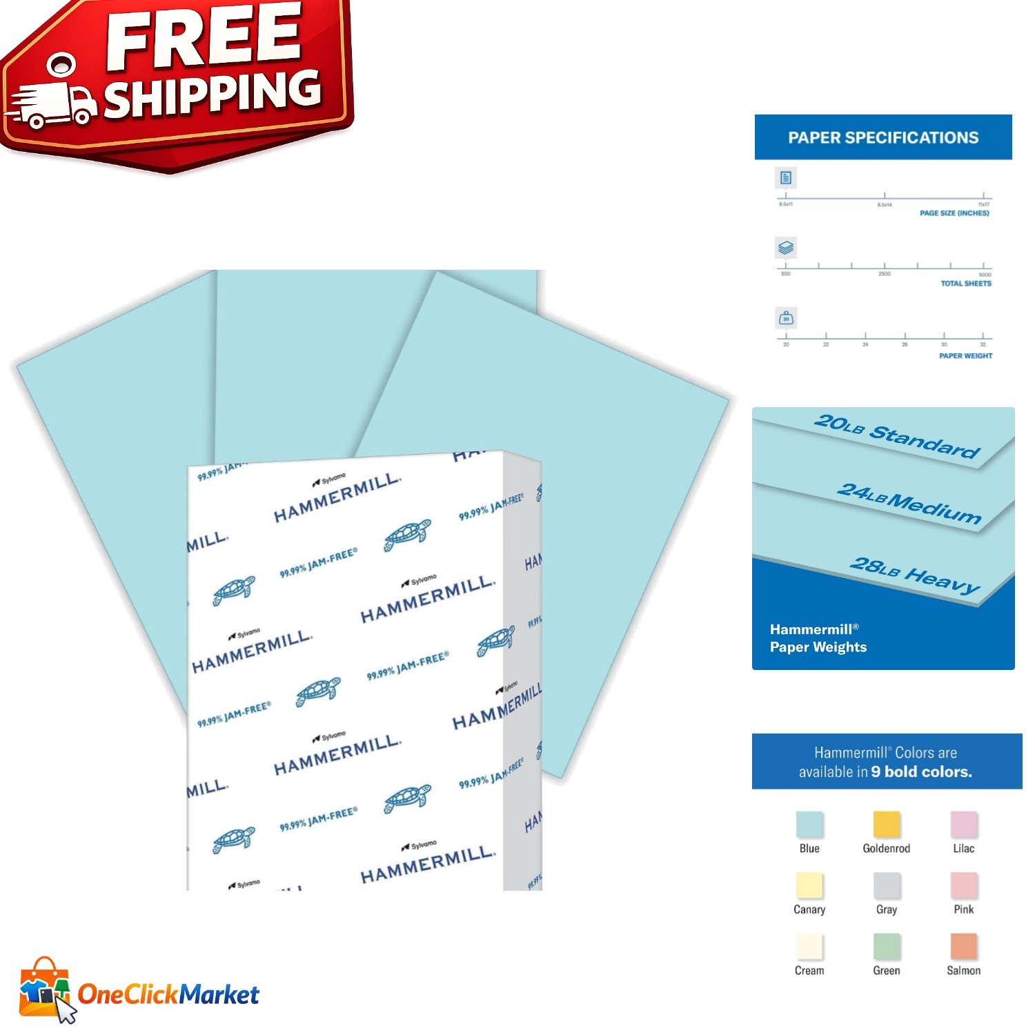 500 Sheets of 20 lb Blue Colored Paper - Smooth & High Opacity for Printing
