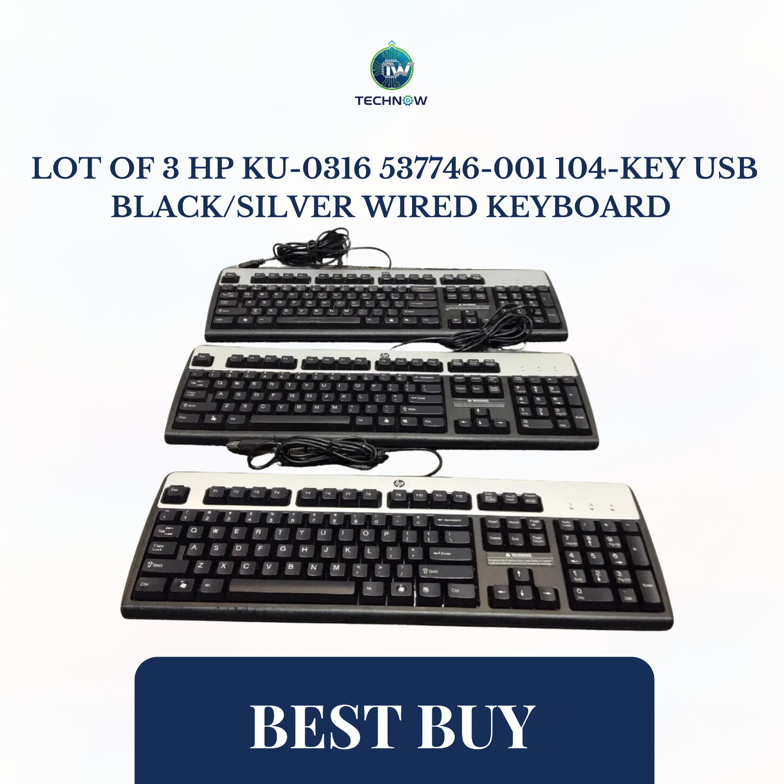 Lot of 3 HP KU-0316 537746-001 104-Key USB Black/Silver Wired Keyboard -