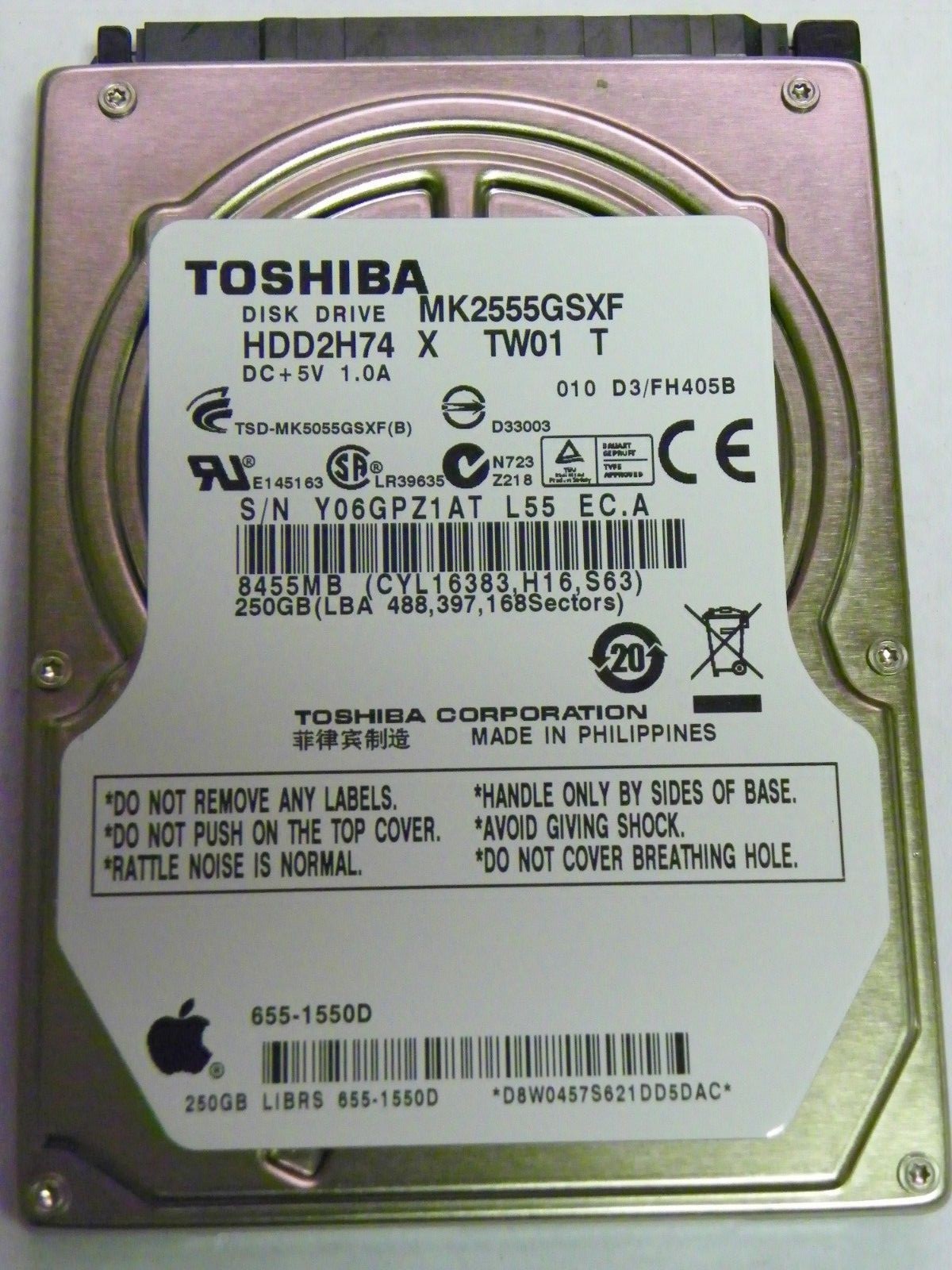 Toshiba MK2555GSXF (HDD2H74 X TW01 T) 010 D3/FH405B Laptop 250GB 2.5" SATA HDD