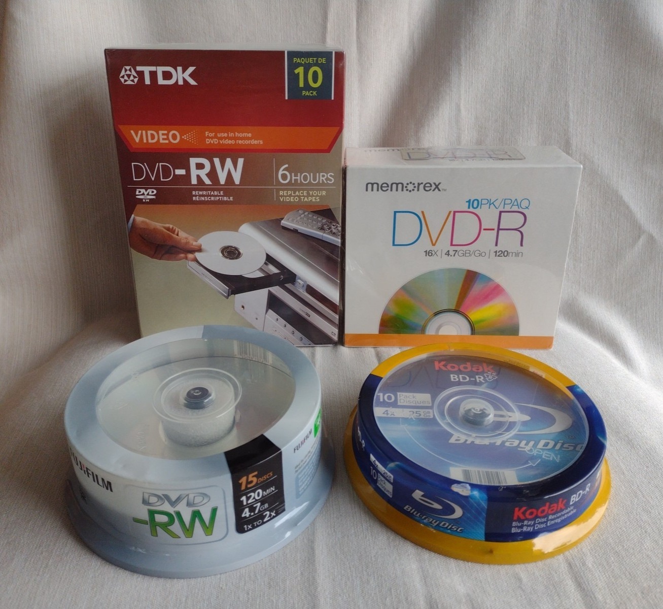 Lot of 45 Blank DVD-R, DVD-RW, & Blu-ray-R Discs -Fujifilm, Kodak, Memorex, TDK