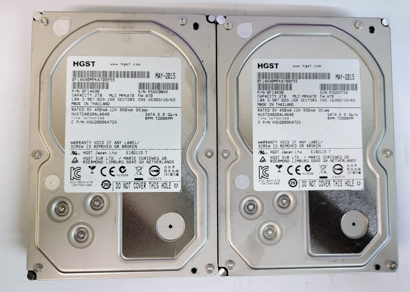 Lot of 2 HGST HUS724020ALA640 3.5" SATA Hard drive /0hours