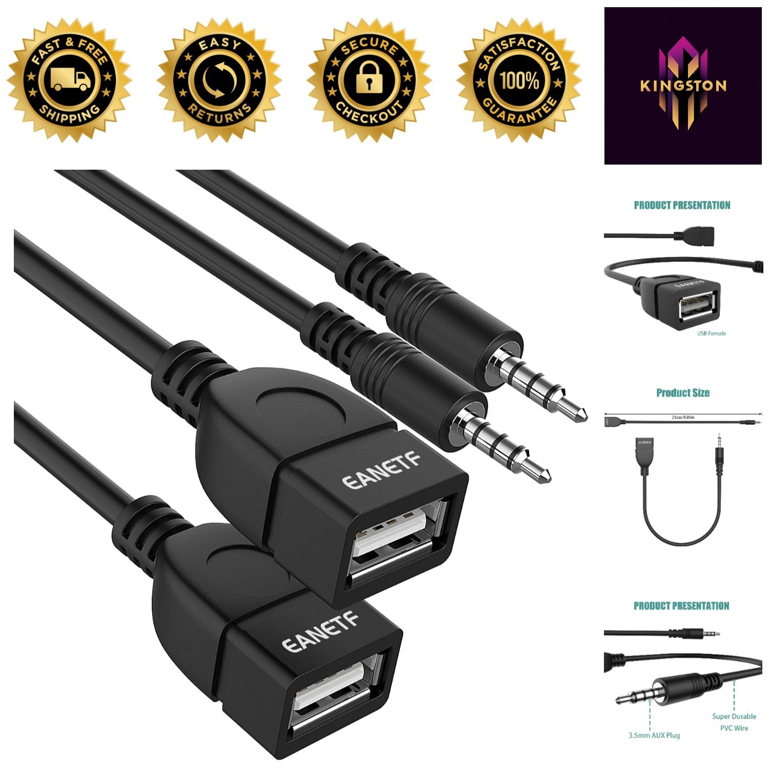 Durable USB to Aux Audio Adapter - 3.5mm to USB for Enhanced Car Audio - 2PCS