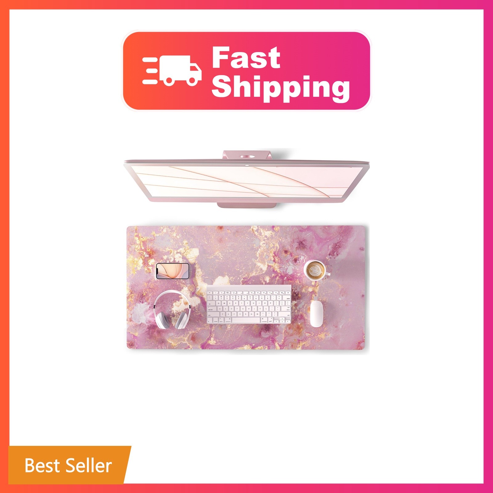 QiyI Large Mouse Pad Pink Gold Marble 31.5x15.7