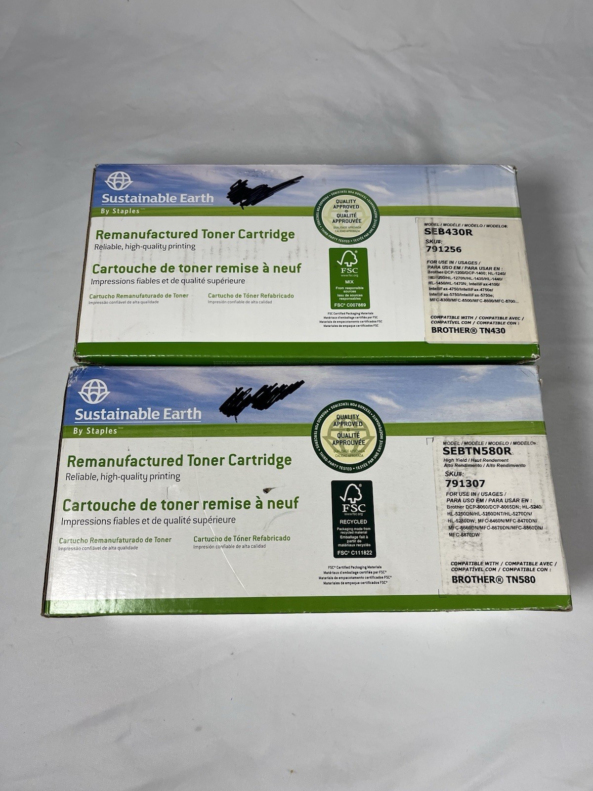 2 Pack Staples Sustainable Earth Brother TN430 TN580 Toner Cartridges