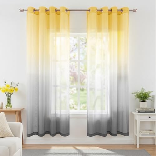  Yellow Sheer Curtains 63 Inch Length 52"W x 63"L (Pack of 2) Yellow and Gray