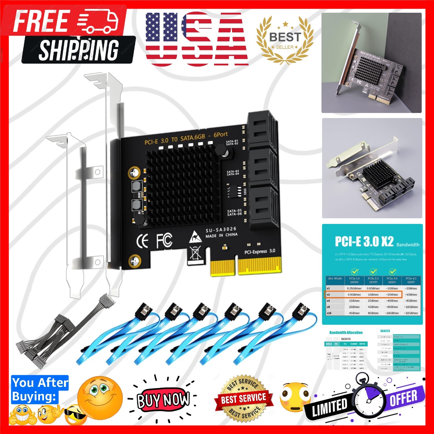 SA3026-C 6-Port PCIe X4 SATA Expansion Card with SATA and Power Cables, Compa...