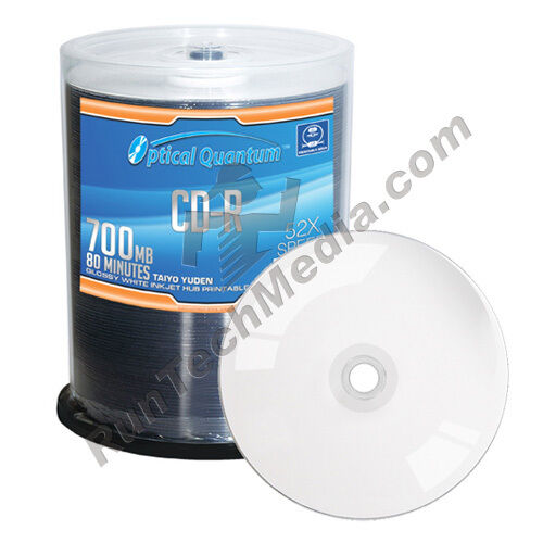 100 Optical Quantum 52x 700 MB CD-R Glossy White Inkjet HUB Printable OQCD52GWIP