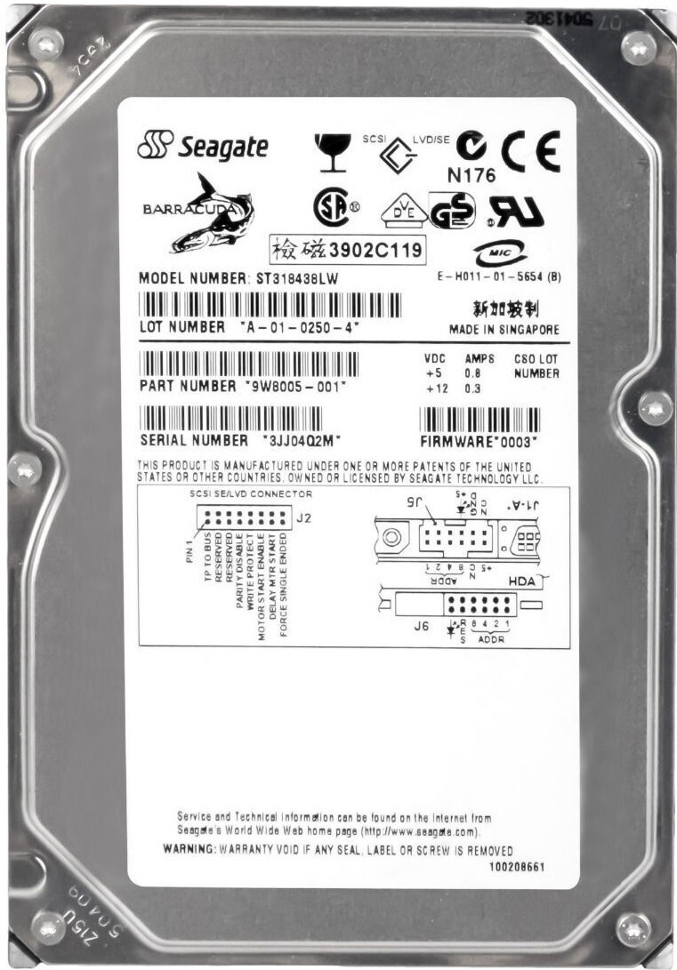 HARD DRIVE SEAGATE BARRACUDA 36ES2 18GB 7200RPM SCSI U160 ST318438LW 3.5" inch