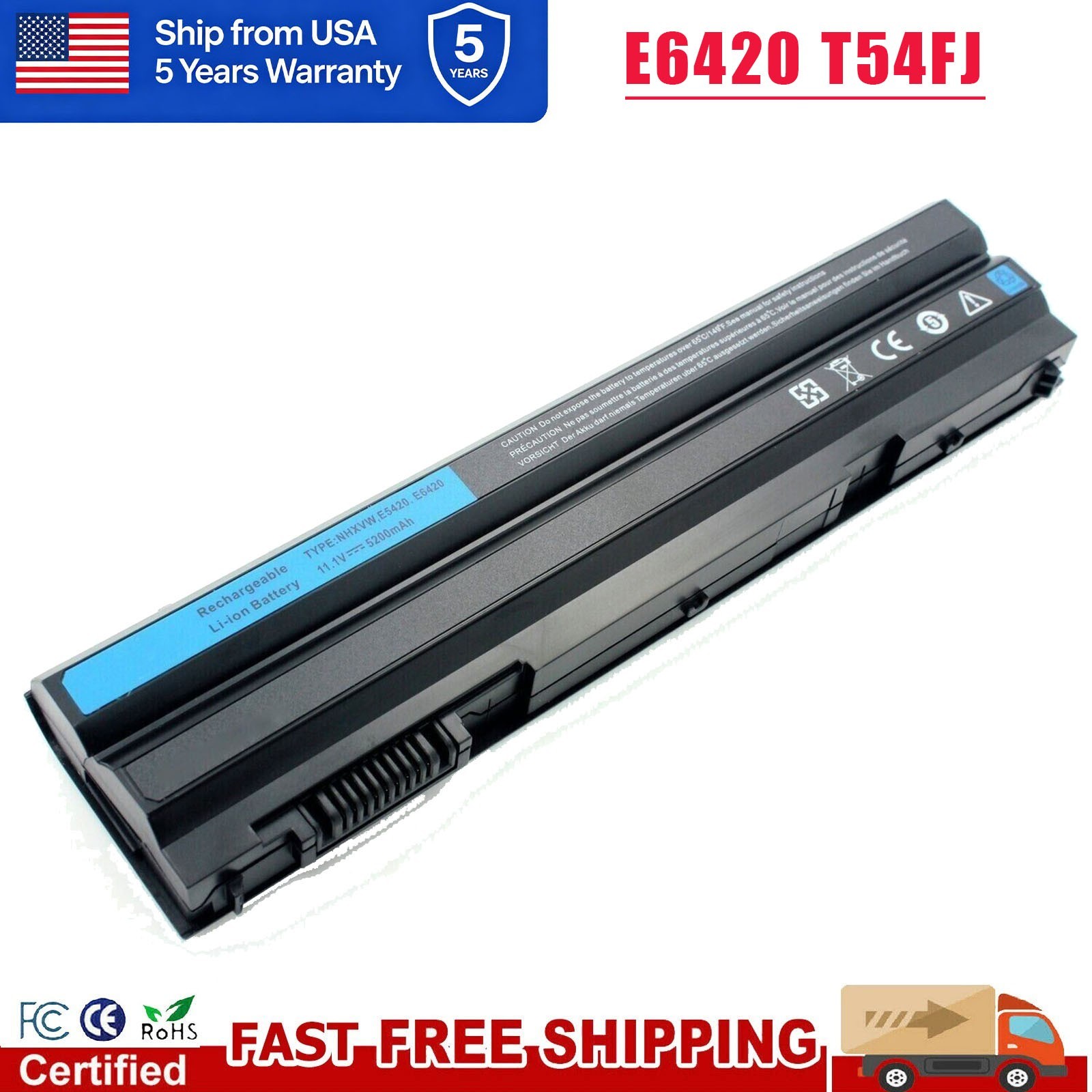 E6420 T54FJ Battery For Dell Latitude M5Y0X E5420 E6430 E6520 8858X NHXVW 58Wh