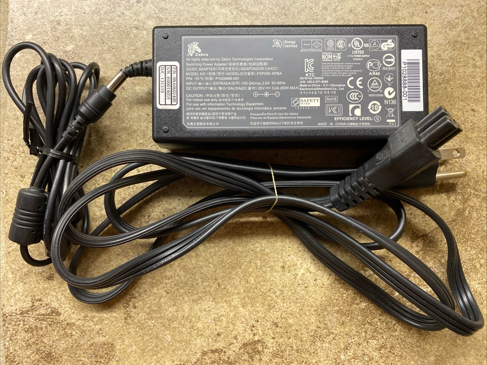 Genuine Zebra 60W 20V 3A AC/DC Printer Power Adapter FSP060-RPBA P1028888-001