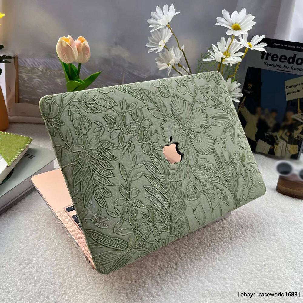 Carved Flower PU Leather Hard Case For Macbook M4 Pro 14 16 Air 13 15 11 12 inch