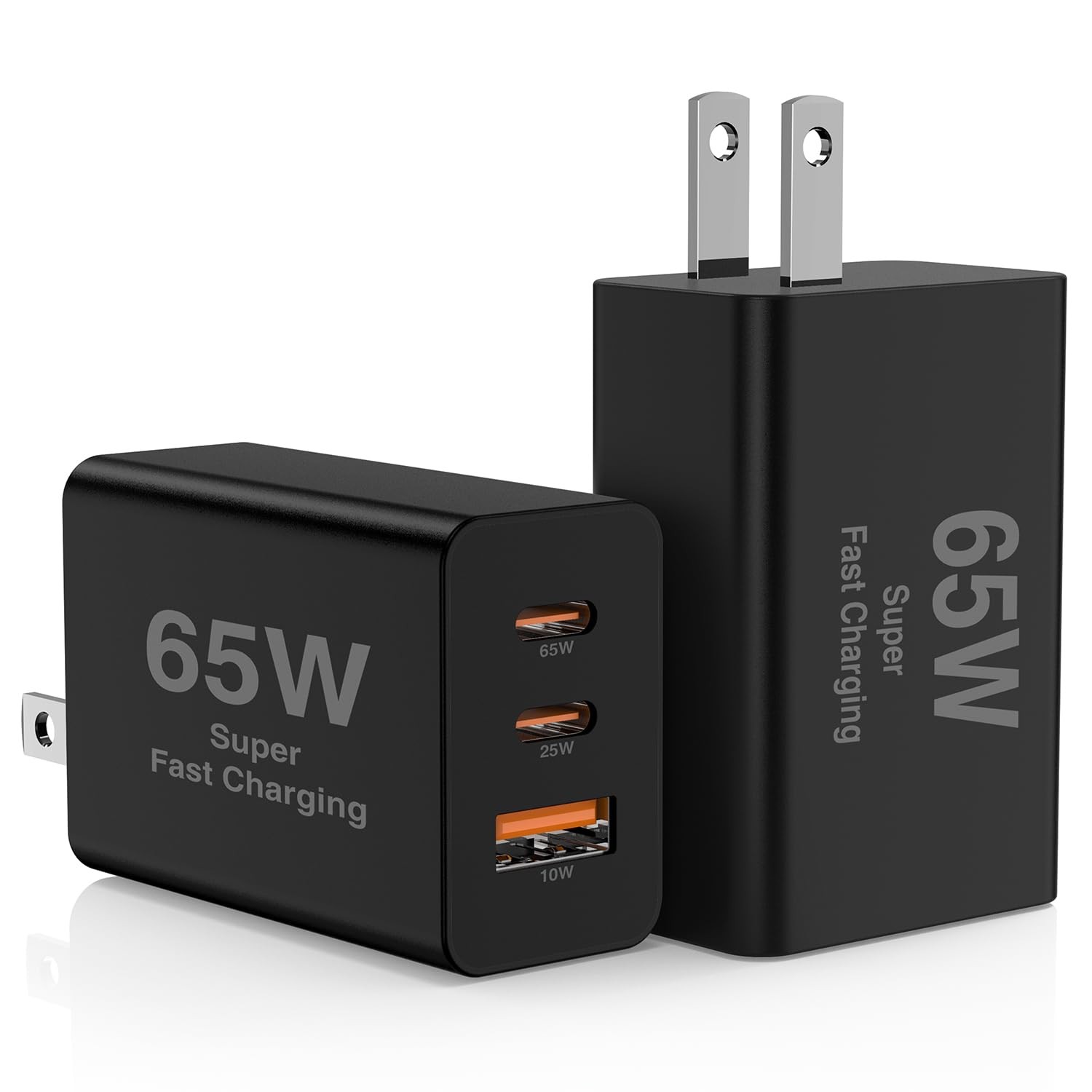 2Pack 65W USB C Wall Charger Block, 3-Port C Charging Adapter Black+Black