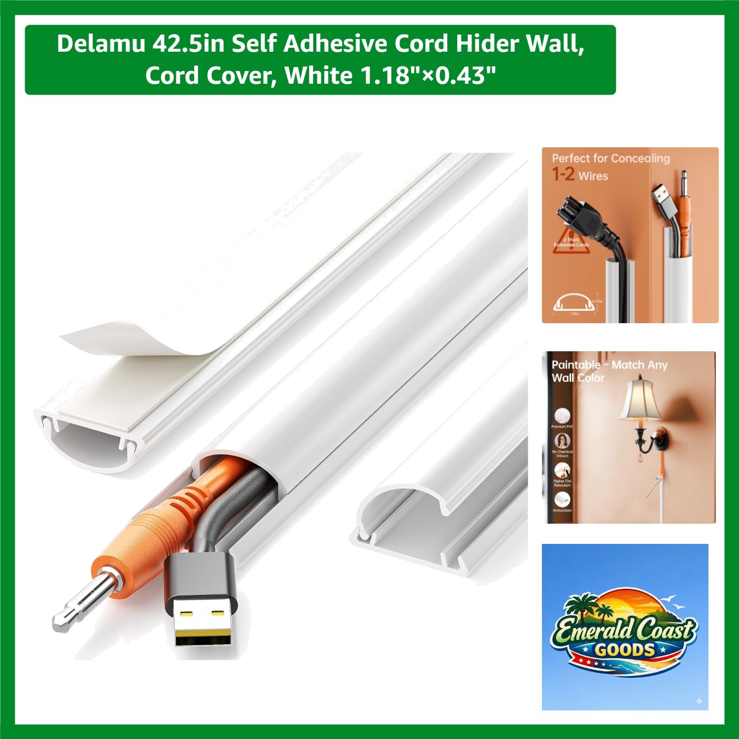 42.5in Paintable White Cord Hider: Perfect for Wall & Floor Cable Concealment