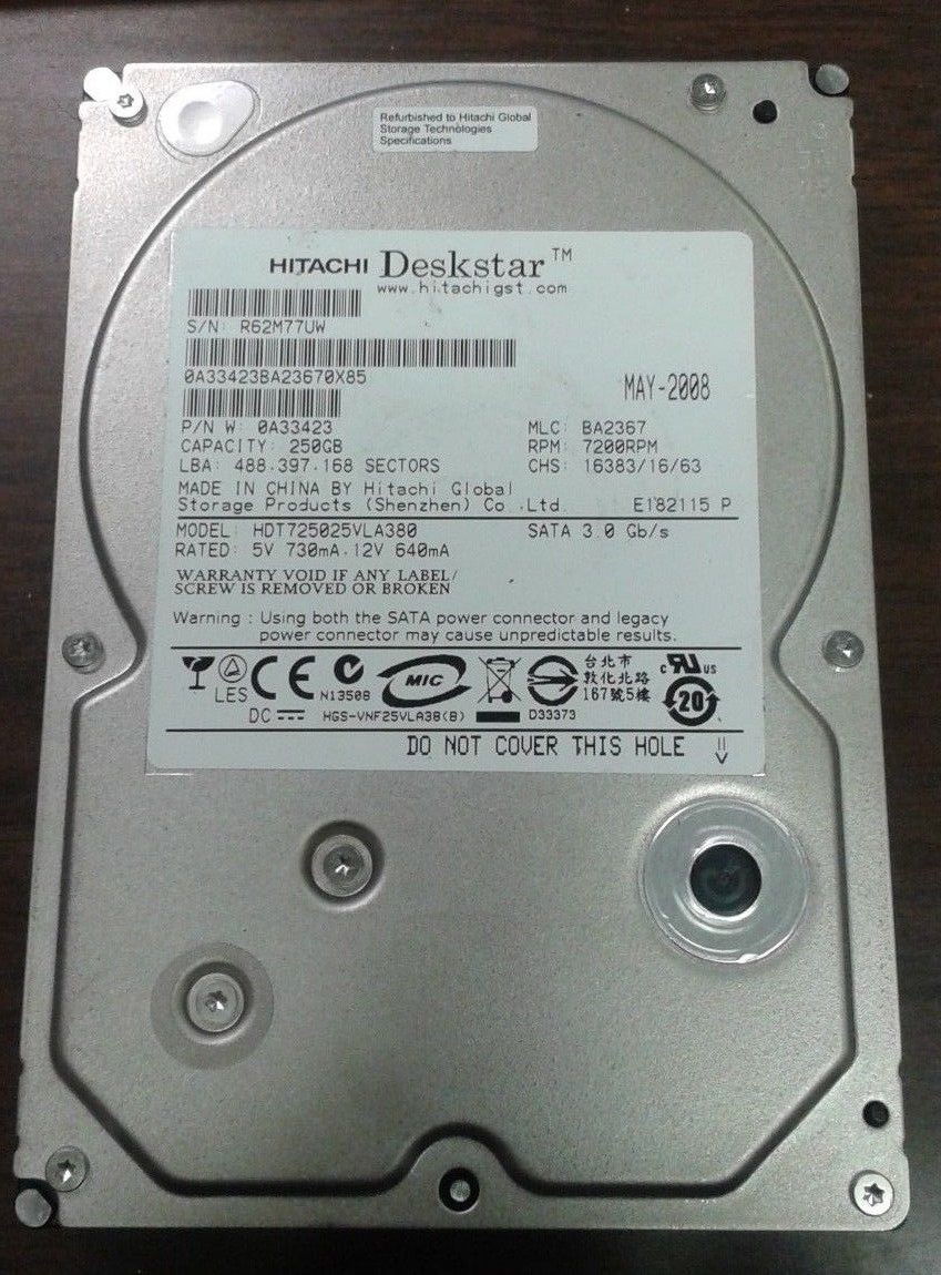 Hitachi Deskstar 250GB 7200 RPM 3.5 HDT725025VLA380 BA2367 0A33423 Hard Drive