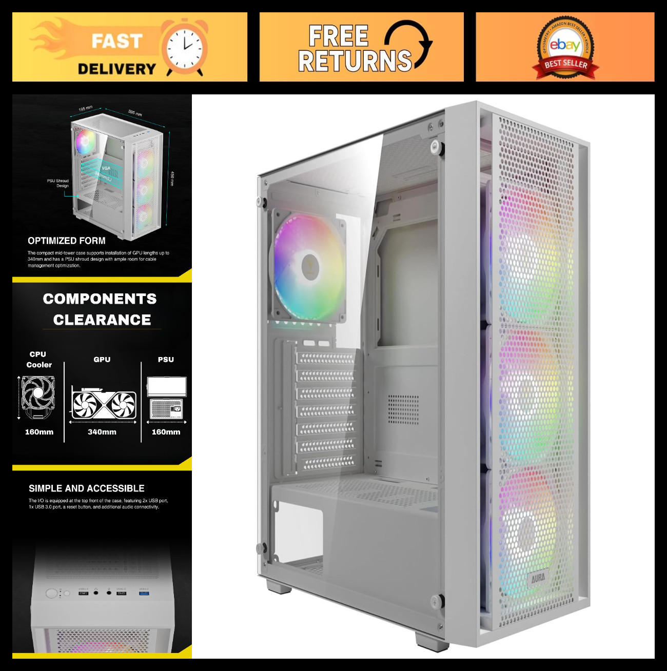 White ATX Mid Tower Gaming PC Case, Tempered Glass, 4x ARGB Fans, Supports 6 Fan