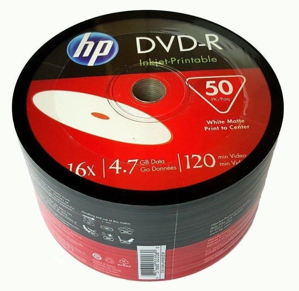 100-Pack HP 16X White Inkjet Printable Blank DVD-R DVDR Disc Media 4.7GB