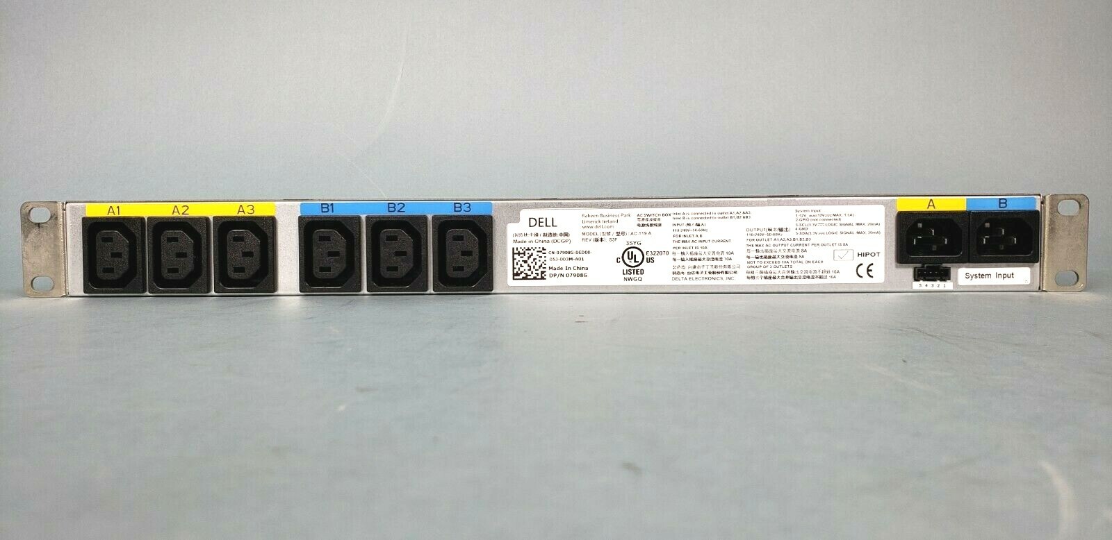 Dell 7908G PDU 100-240VAC 1Ø 6x C13 outlets 2x input A/B 20 amp 1U/0U 2 AC-119 A