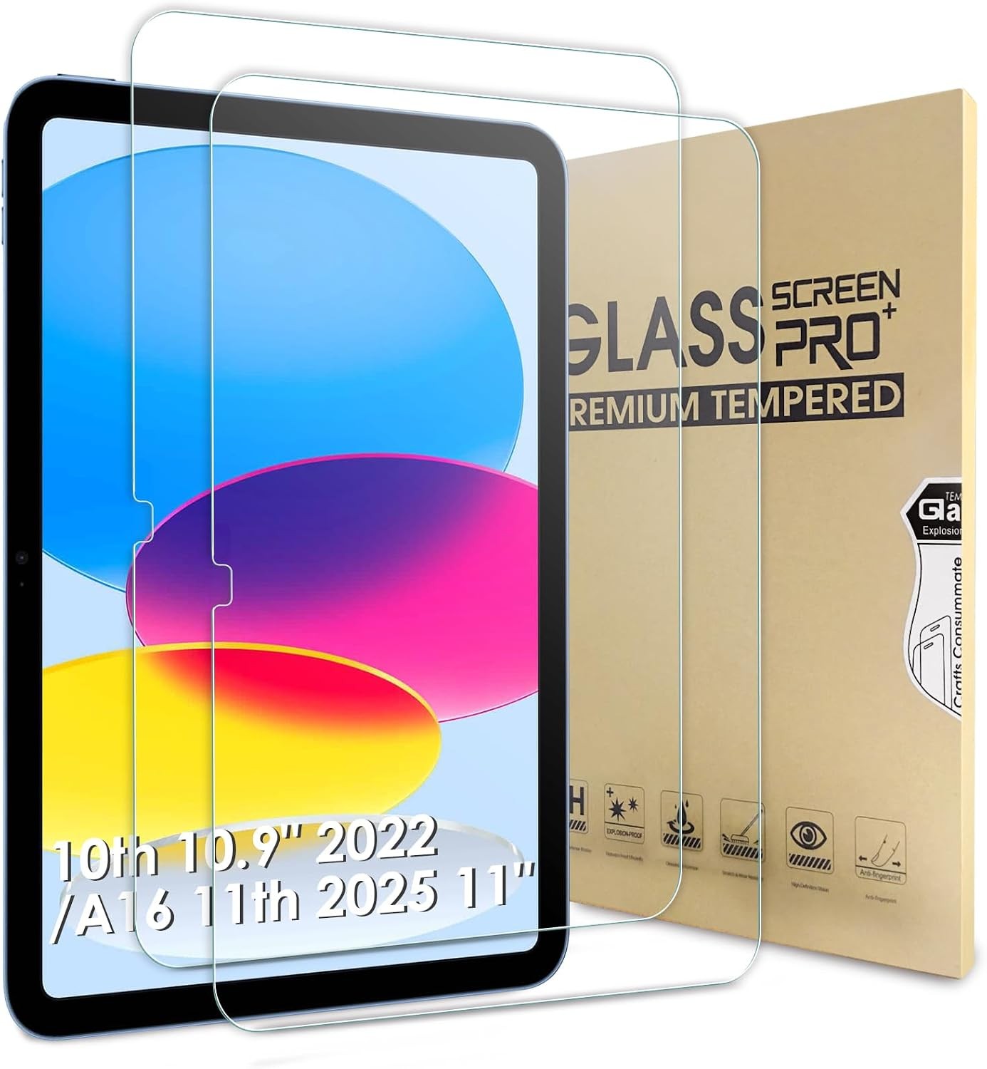 2 Pack Tempered Glass Screen Protectors for iPad 10th/11th Gen, 9H Hardness