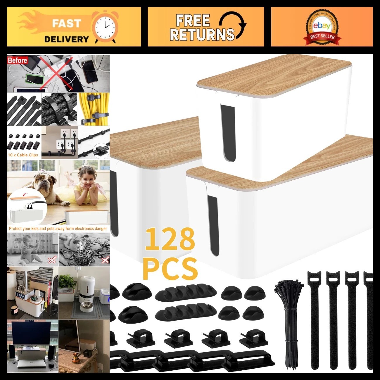 128PCS Cable Management Kit - 3 Pack Cord Organizer Box for Wires & Power Strips