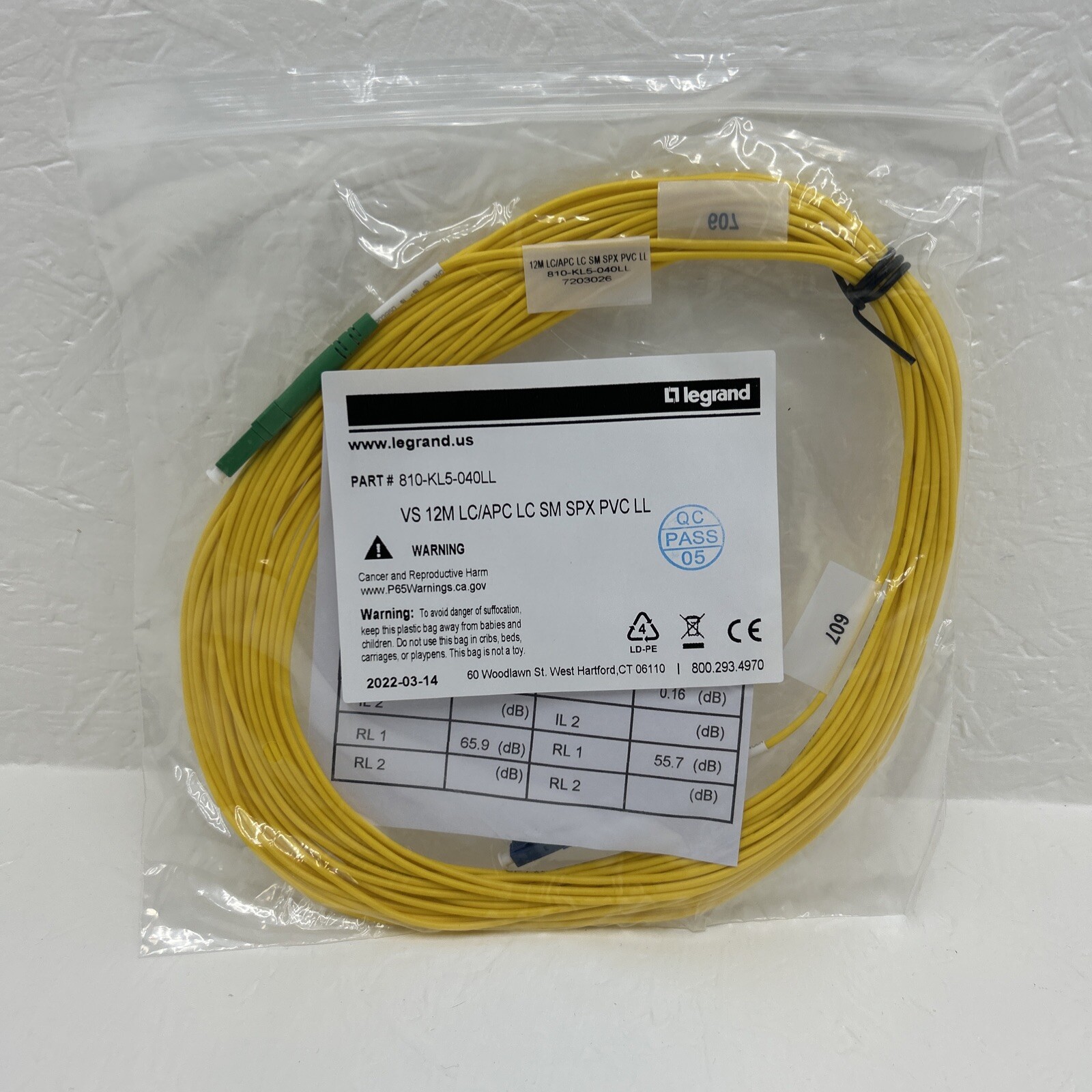 12M LC/APC to LC/APC Single Mode Simplex Fiber Optic Patch Cable OFNR (Qty 5)