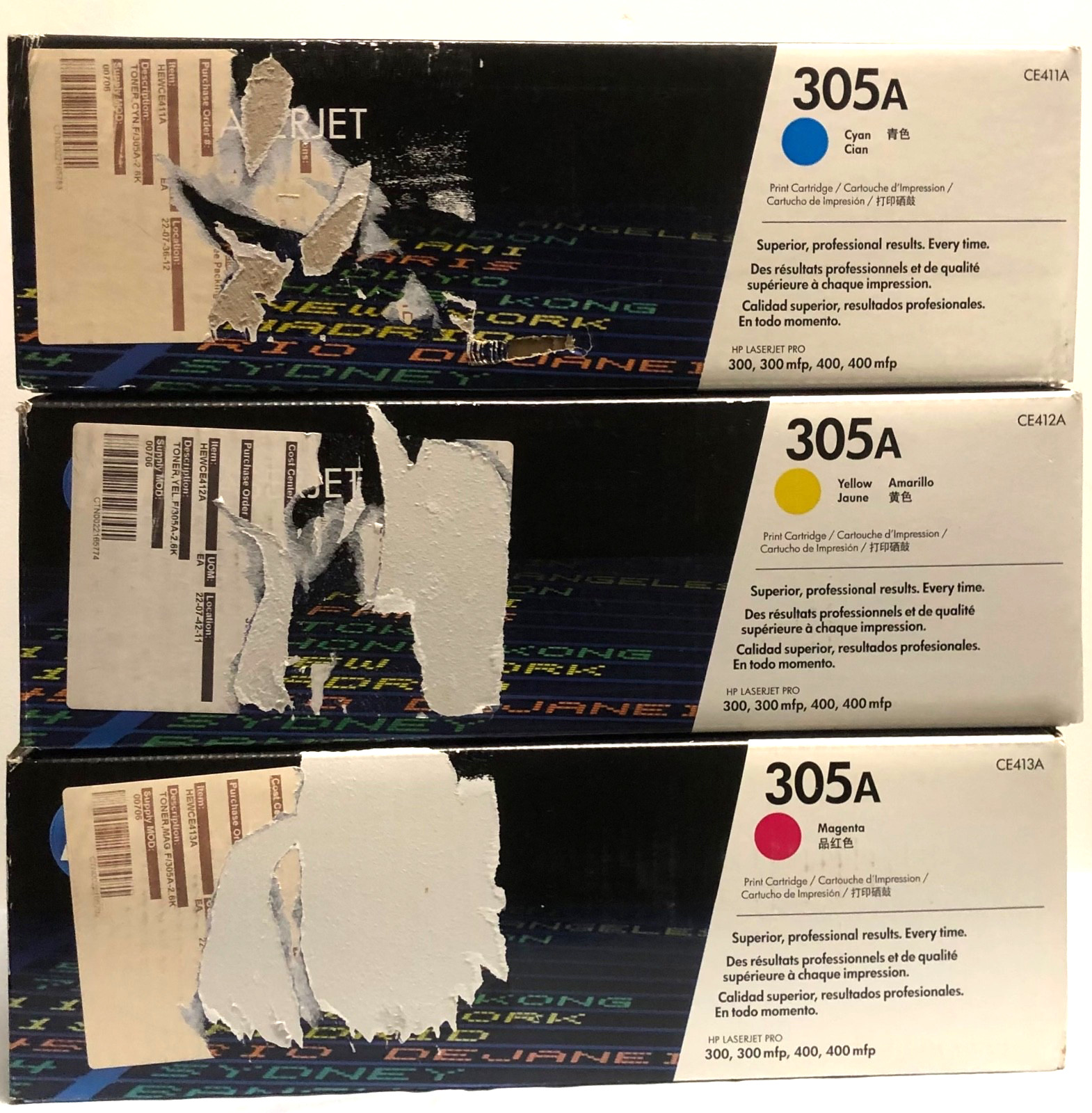 HP LASER JET 305A TONER CARTRIDGES CYAN CE411A YELLOW CE412A MAGENTA C413A NOS
