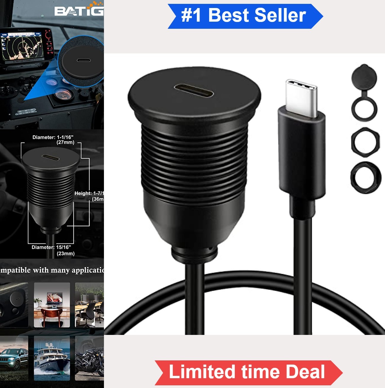 USB C 3.1 Car Flush Mount Cable 3ft Male to Female Panel Mount 10Gbps Charging
