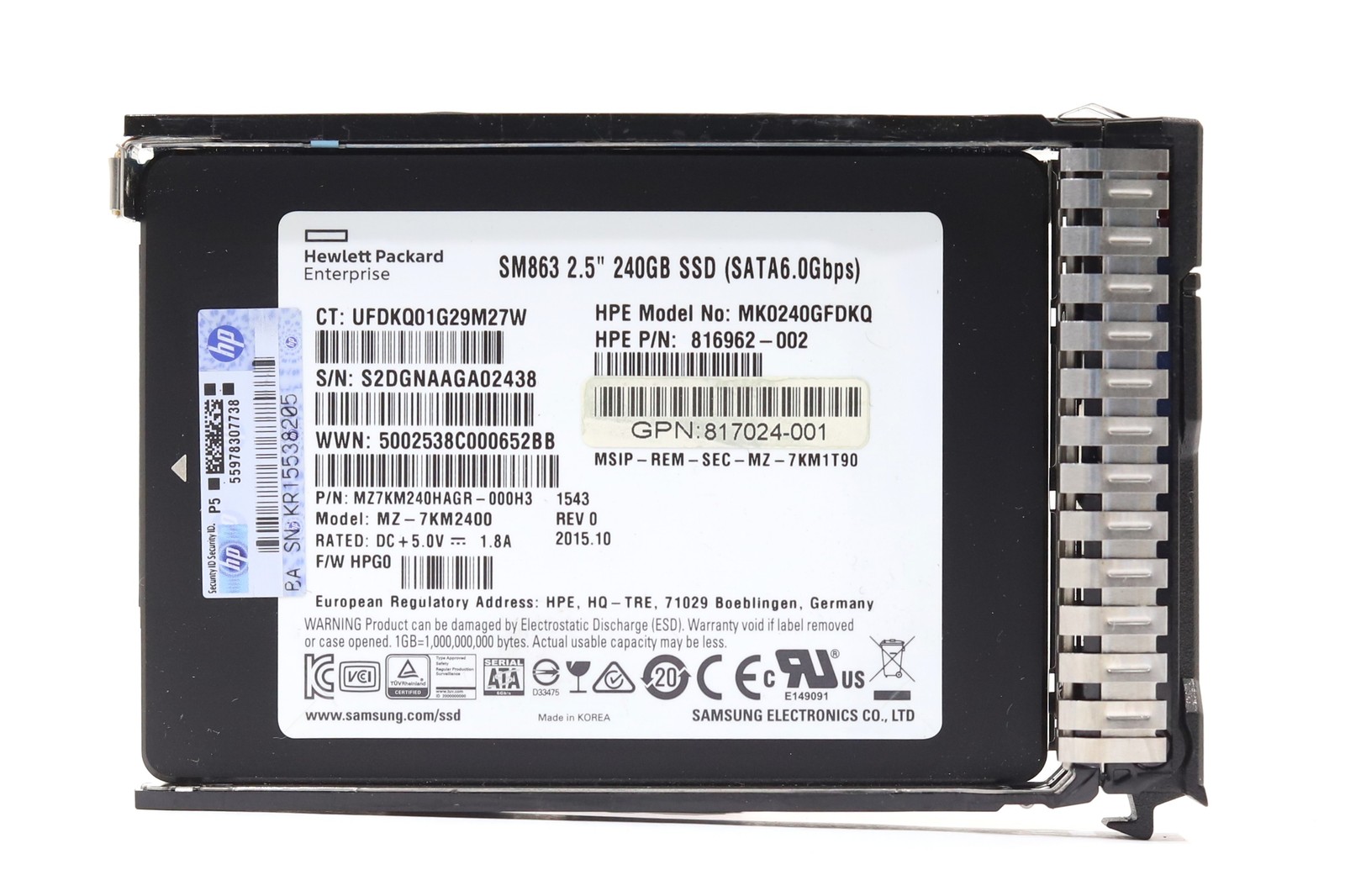 HPE MK0240GFDKQ 240GB 2.5" 6Gb/s Mixed-Use SATA SSD W/Caddy P/N: 817024-001