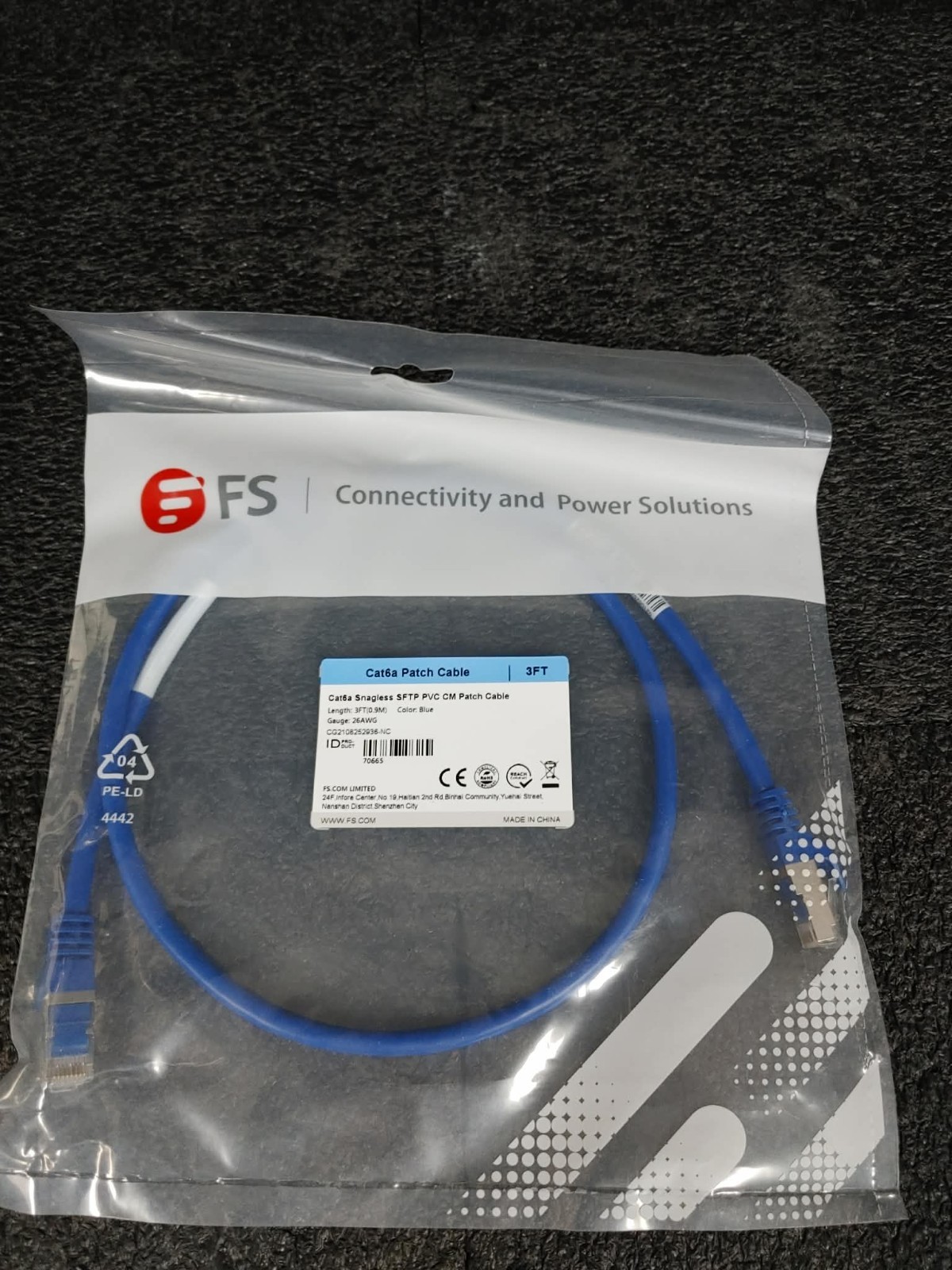 Lot of 3 FS 70665 Cat6a Snagless SFTP PVC CM Patch Cable 3FT (0.9m) 26AWG Blue