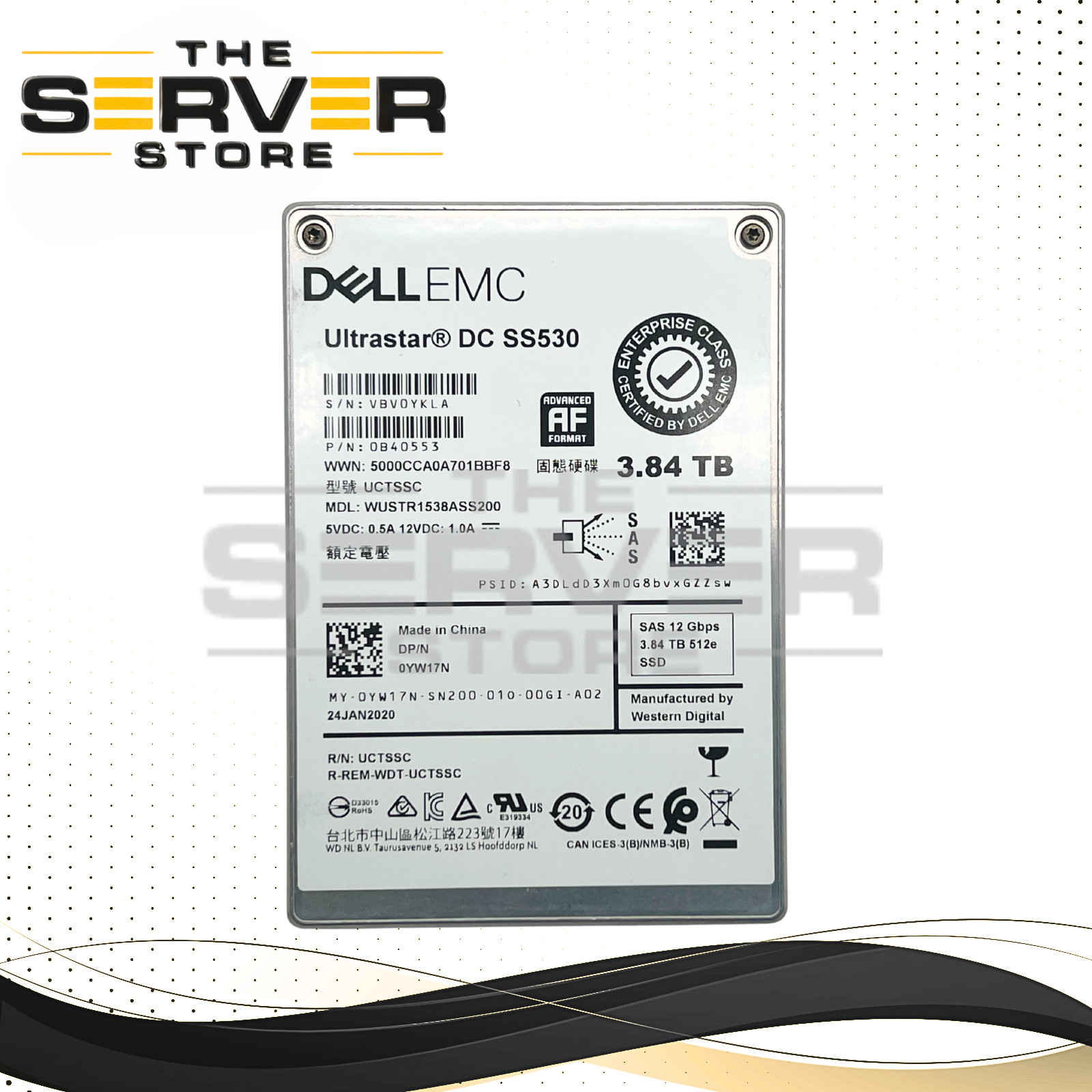 (NOB) Dell 3.84TB SAS 12G RI 2.5" SSD WD DC SS530 WUSTR1538ASS200 0YW17N YW17N