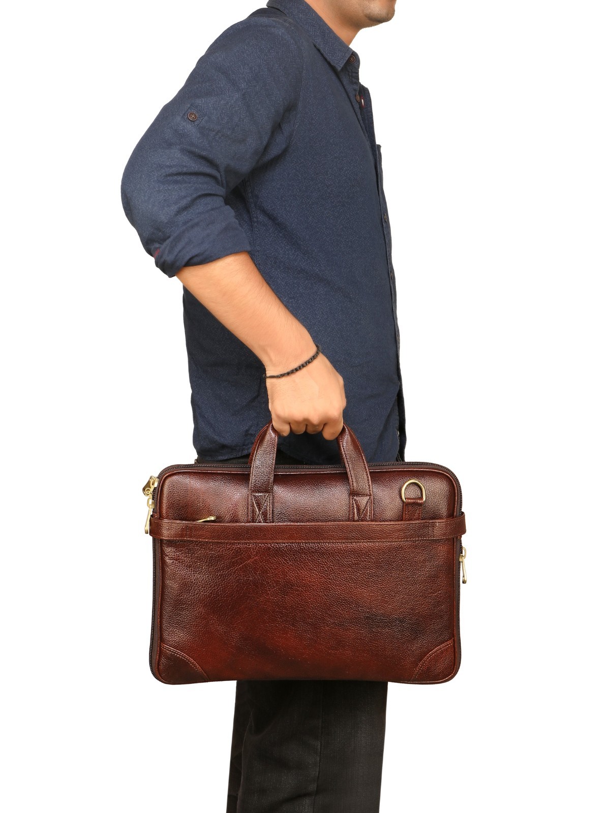 Men Slim Laptop Bag Business Messenger, Office Work Dark Brown Leather Briefcase