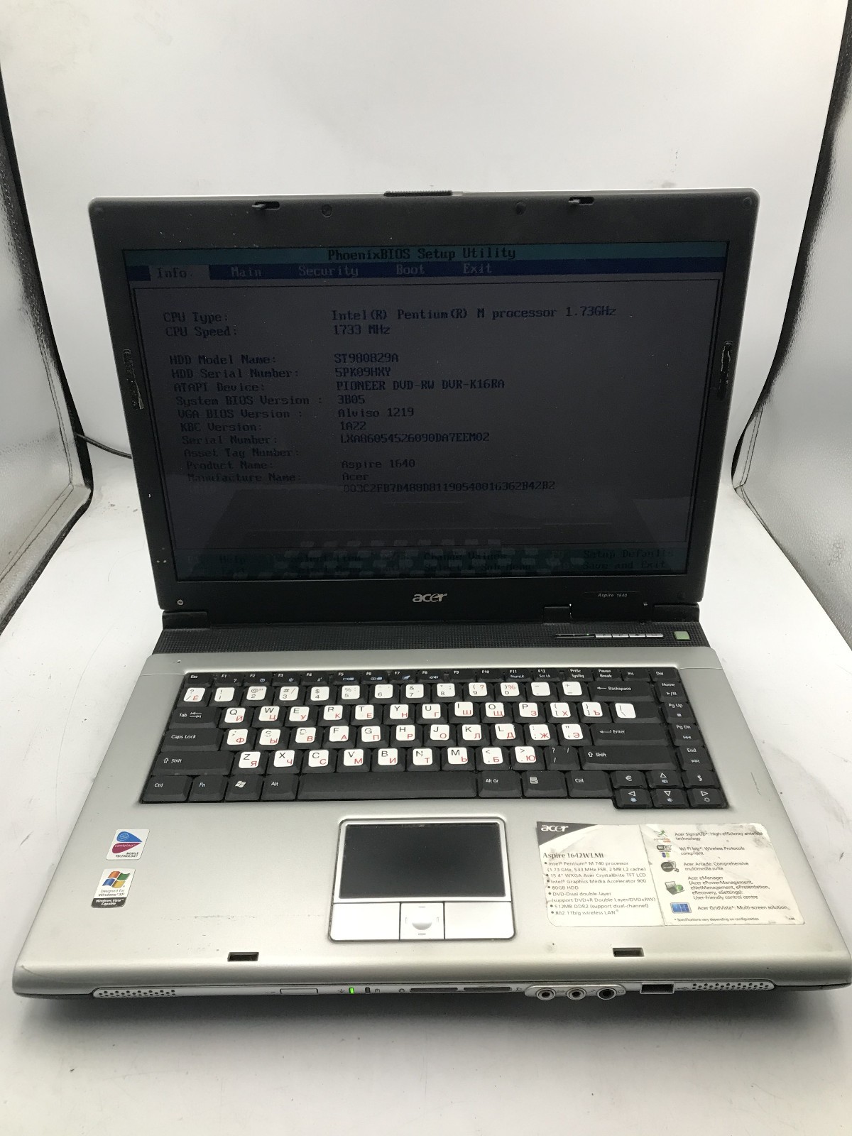 ACER ASPIRE 1640 - BOOTS TO BIOS - INTEL PENTIUM M - 512MB RAM - READ DESC - BB
