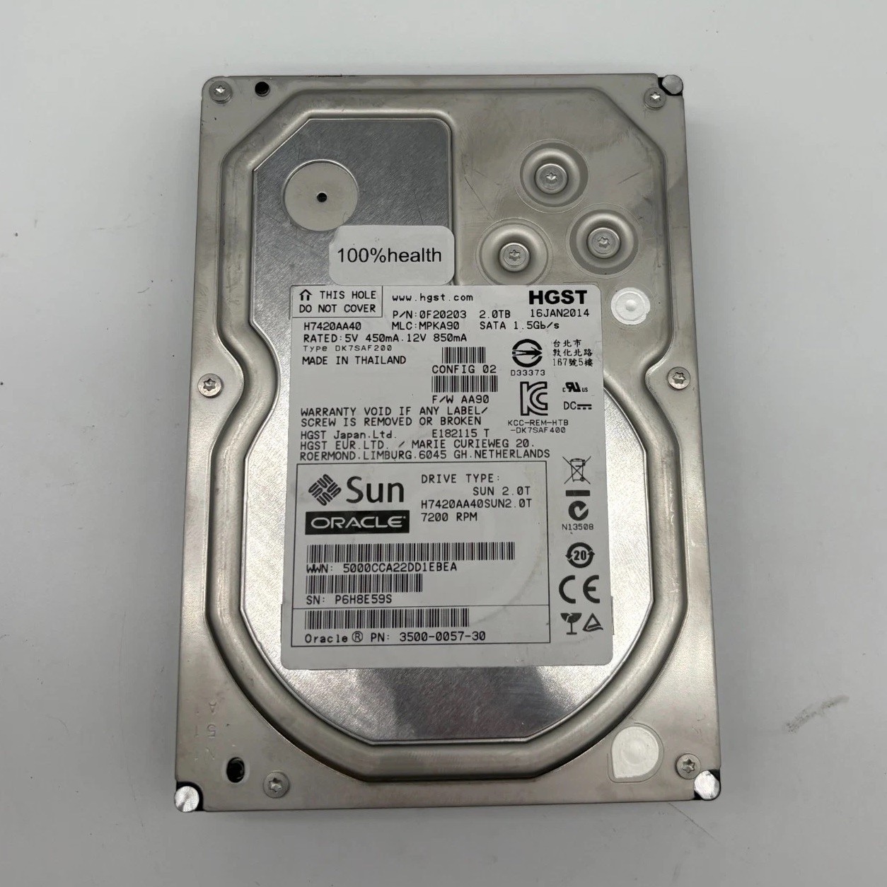 HGST 2TB 3.5" SATA HDD H7420AA40 7200RPM Oracle Sun 100% Health
