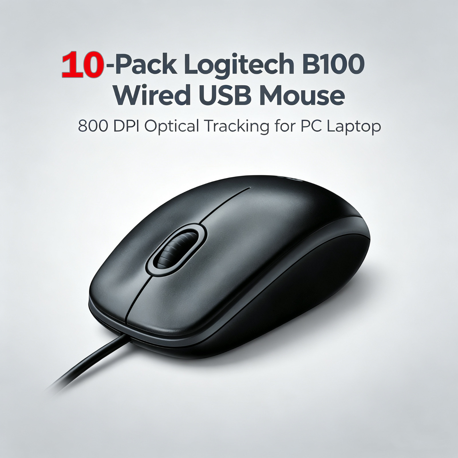 10-Pack, Logitech B100 Wired USB Mouse, 800 DPI Optical Tracking for PC Laptop