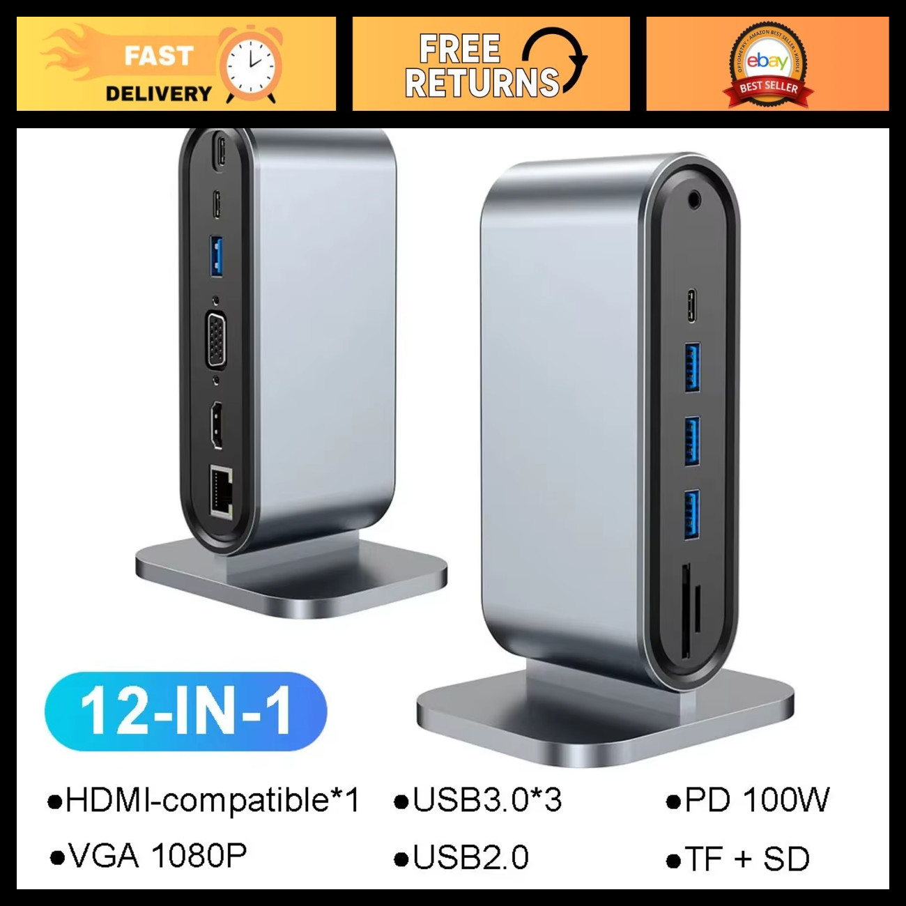 12-in-1 USB C Hub Vertical Docking Station - HDMI 4K60Hz, VGA, RJ45, USB3.0, PD