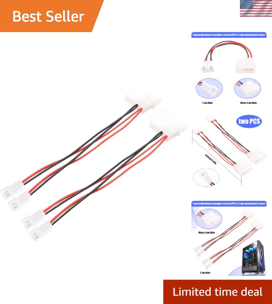 (2-Pack) Molex 4-pin to XH2.54 2-pin Fan Splitter Adapter – 12V case Fan Powe...