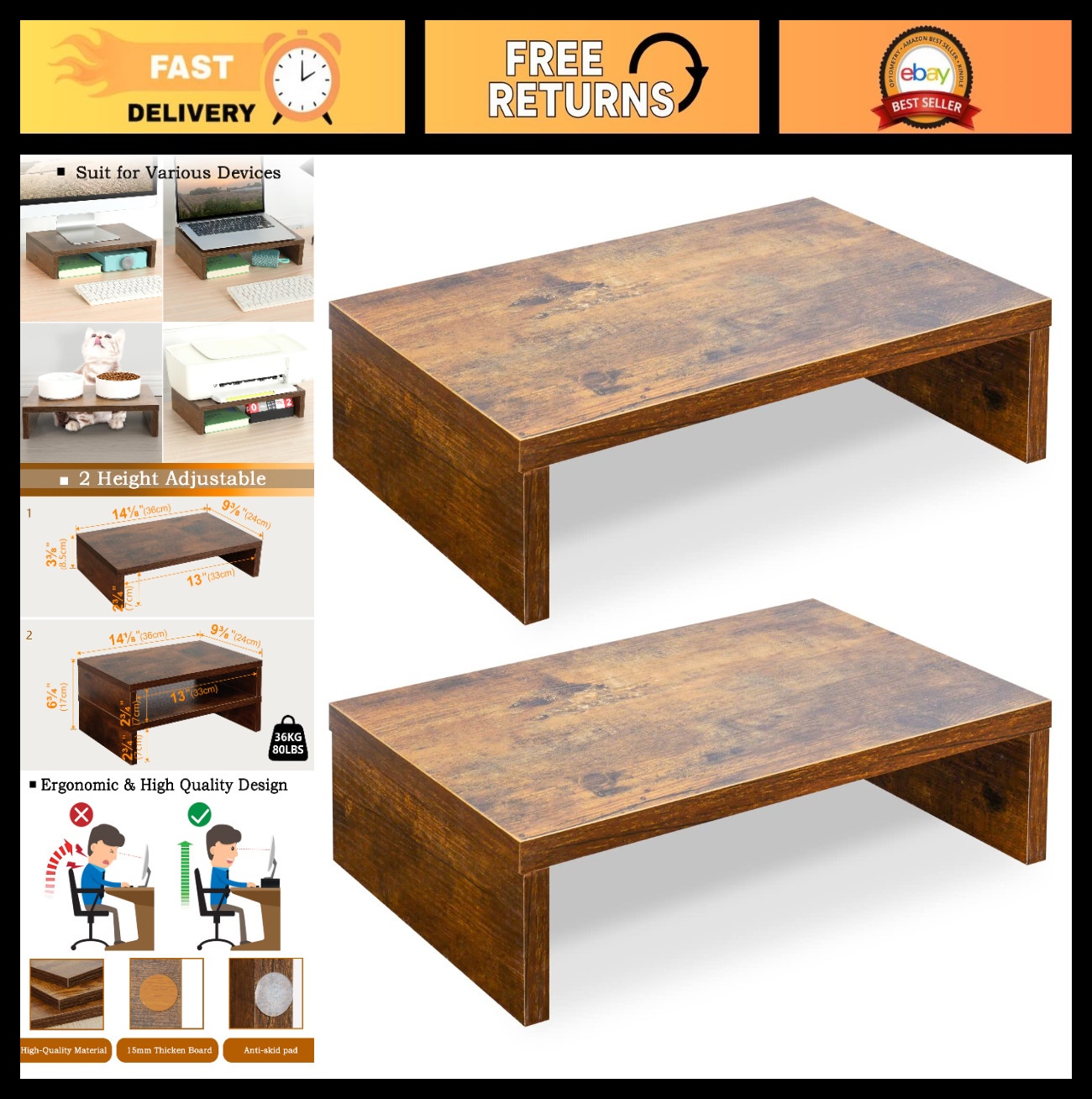 2-Pack Wood Monitor Stand Riser for Dual Monitors, Adjustable Height, Rustic Bro