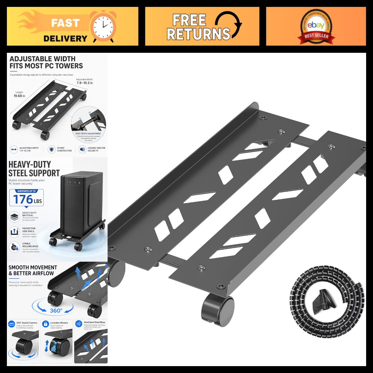 Extra Large Mobile CPU Holder, Rolling Computer Tower Stand, Adjustable Height