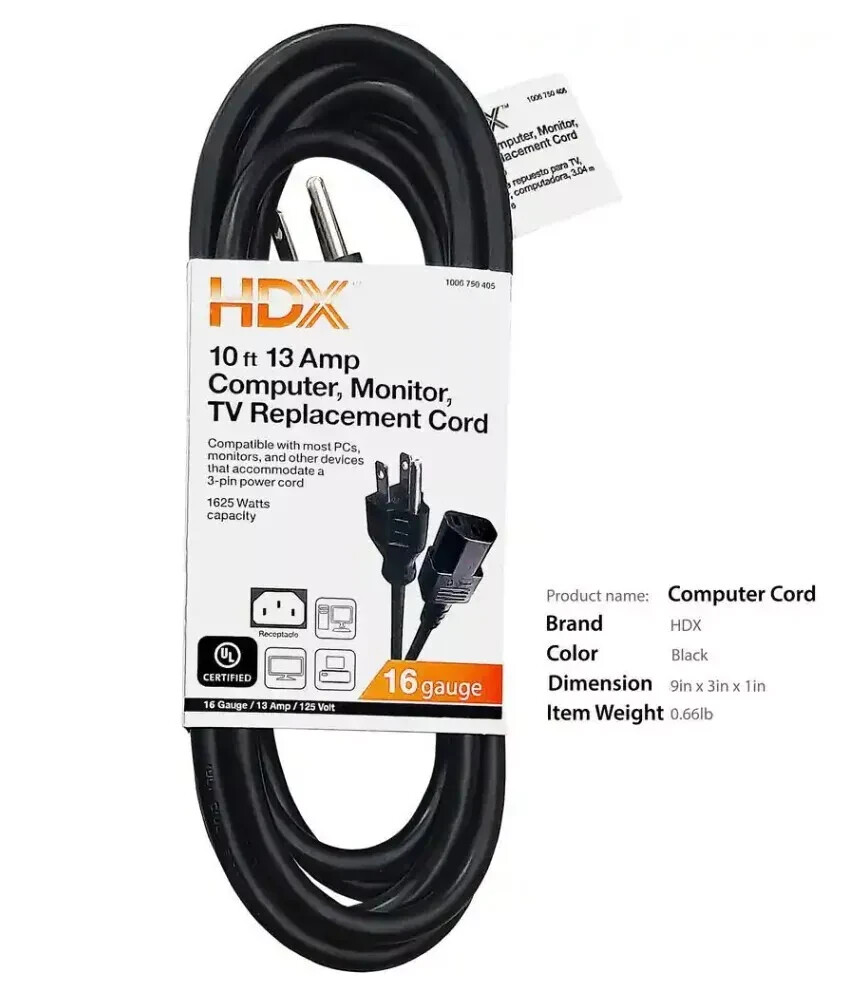 HDX 10 ft. 13 Amp Black Computer, Monitor, TV Replacement Cord 16 gauge