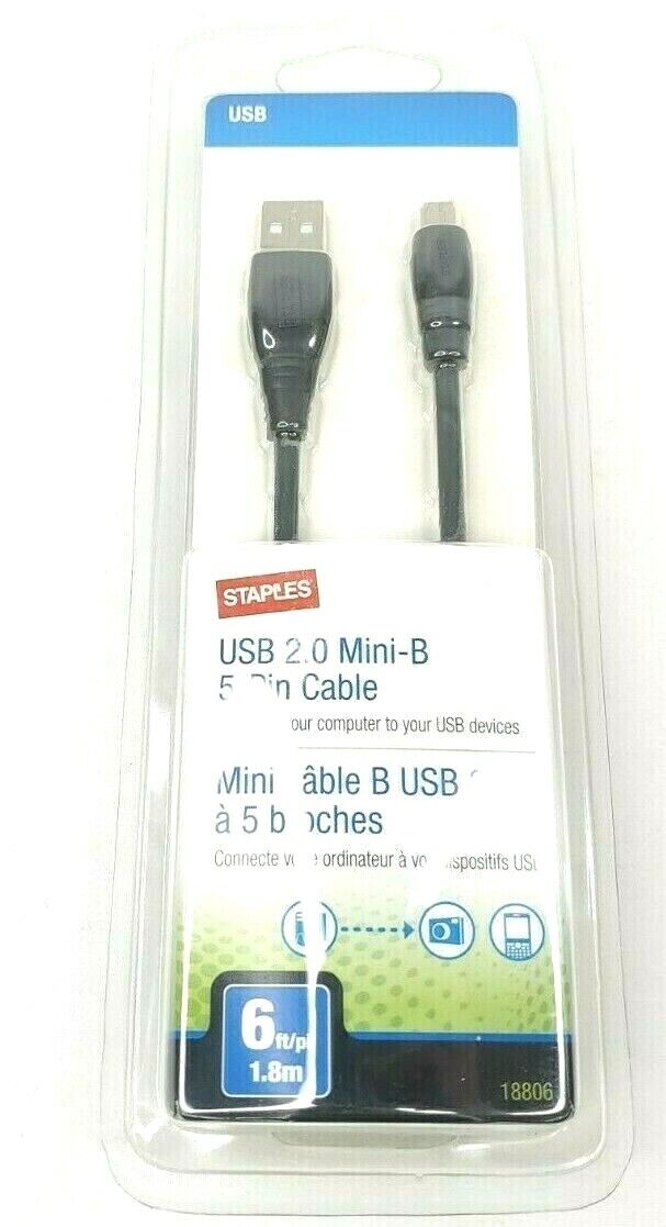 Staples USB 2.0 mini B 5 Pin cable 6 ft long Brand New