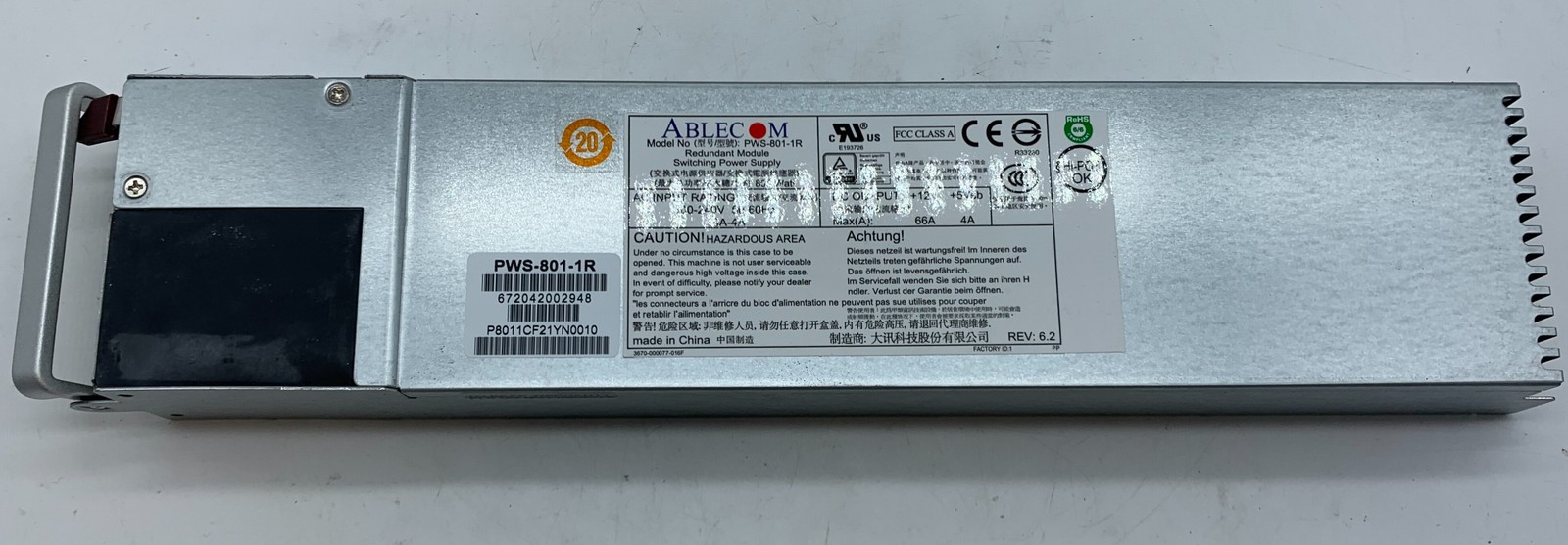 Ablecom PWS-801-1R Redundant Module Switching Power Supply w/ 
