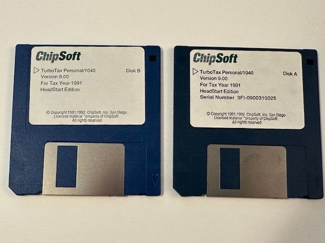 1991 Vintage 3.5 Floppy Disk Set TurboTax Personal/ 1040  Disk A and B ChipSoft