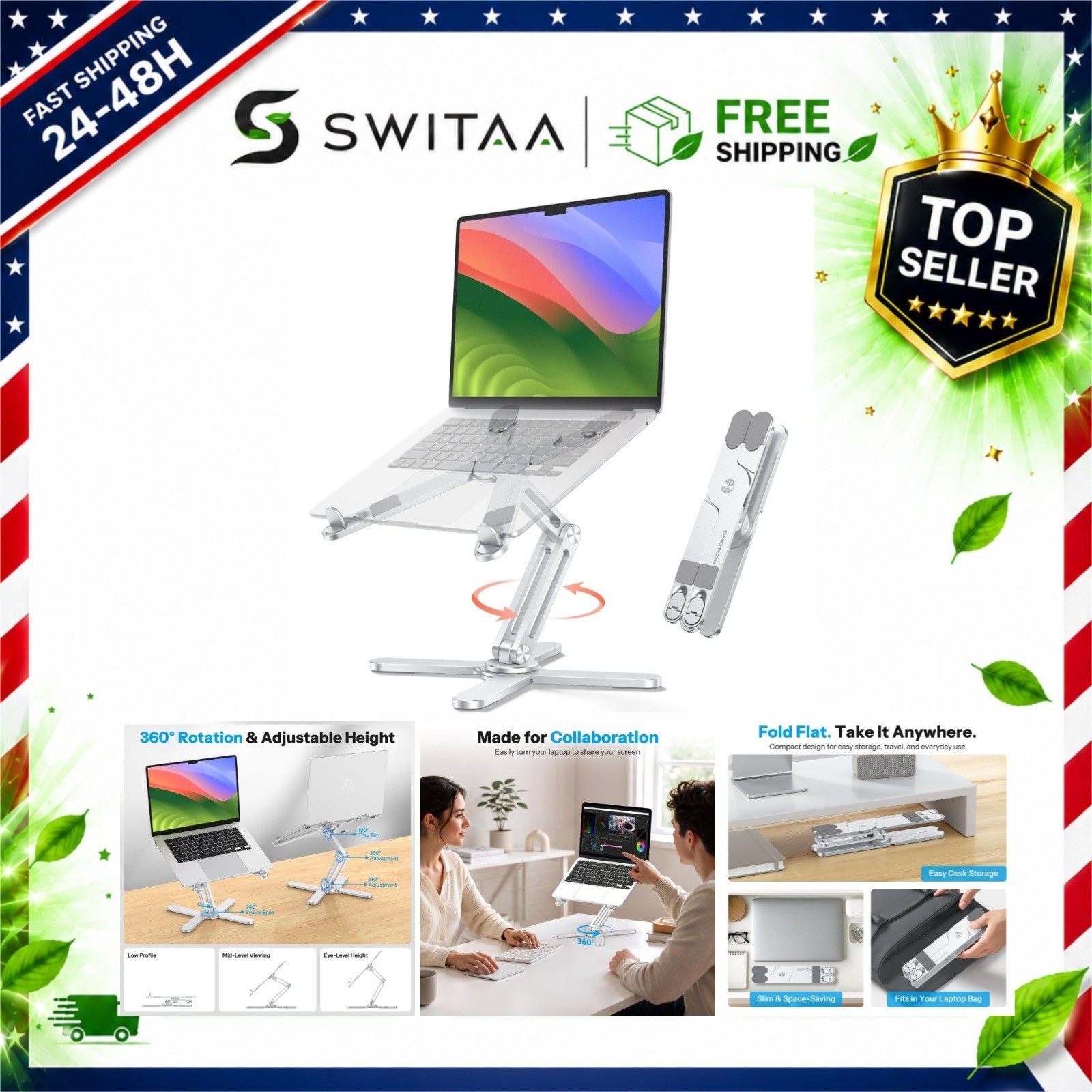 OMOTON LA10 360° Rotating Laptop Stand Riser Foldable for Desk, Silver