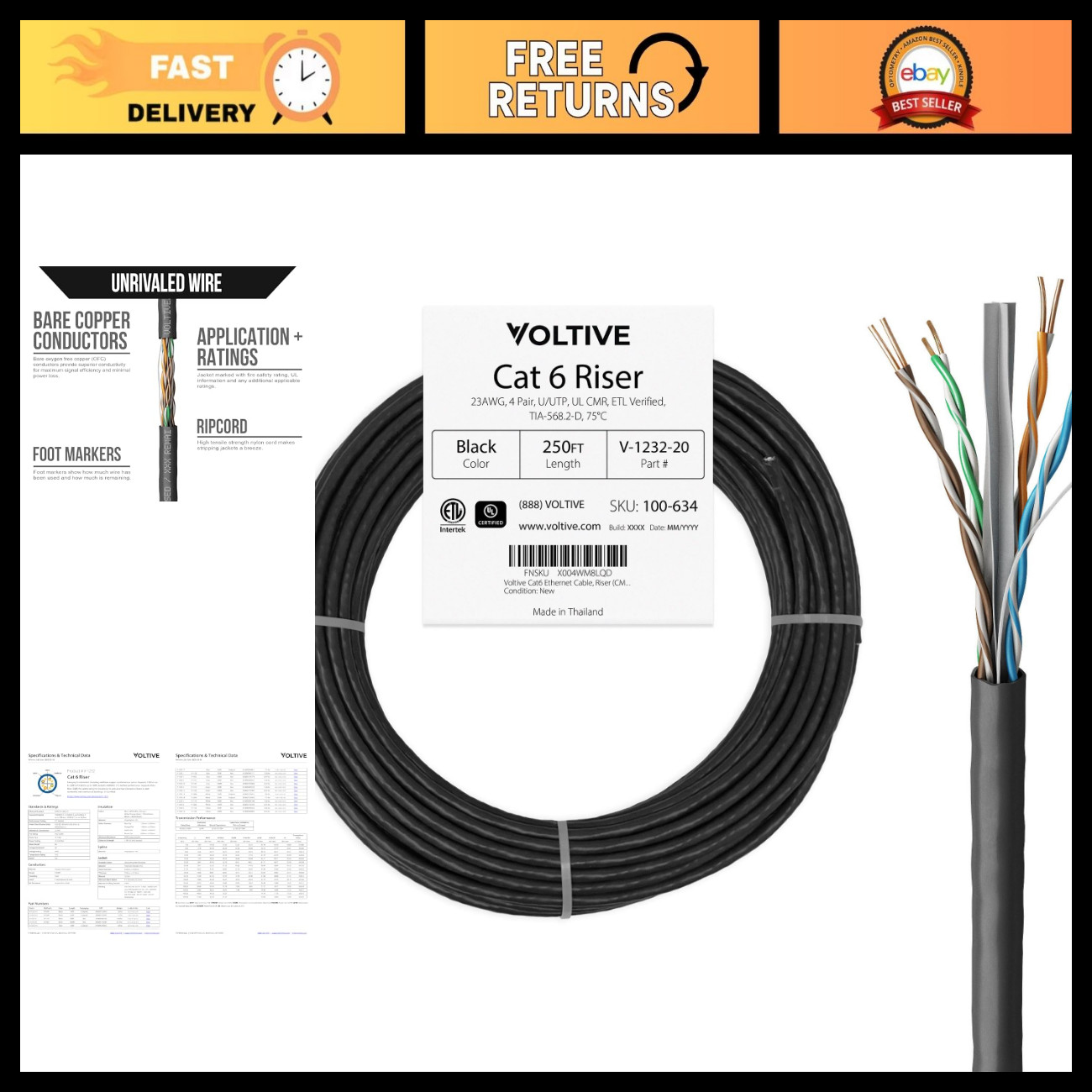 250ft Cat6 Ethernet Cable, Riser Rated, 600MHz, Solid Copper, UTP, 23AWG, UL/ETL