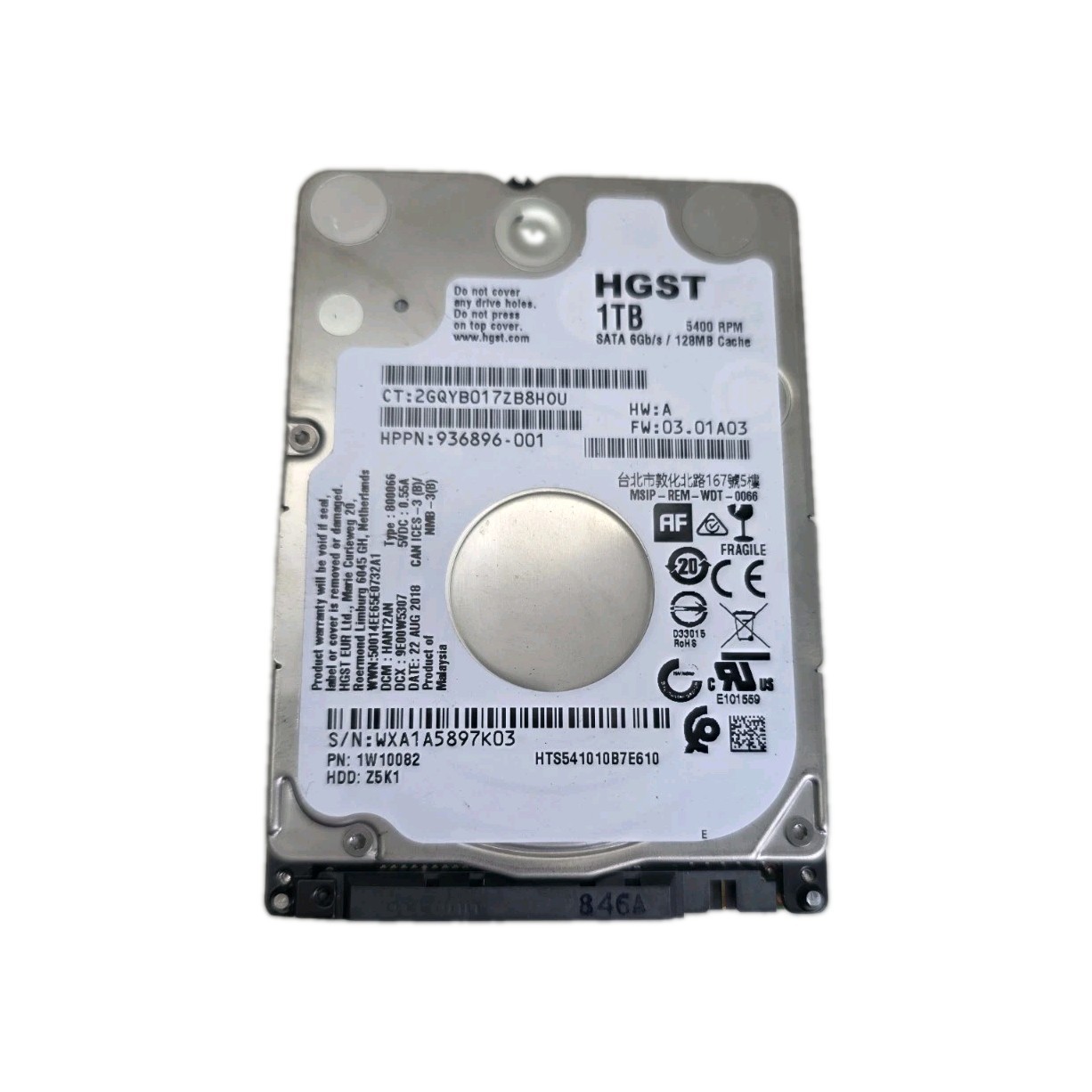 HTS541010B7E610  P/N: 1W10082  DCM: HANT2AN  FW: 03.01A03 HGST SATA 1TB WXH1