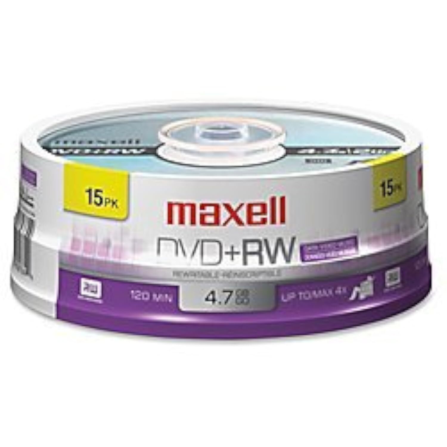 Maxell Dvd+Rw Rewritable Disc, 4.7 Gb, 4X, Spindle, Silver, 15/Pack