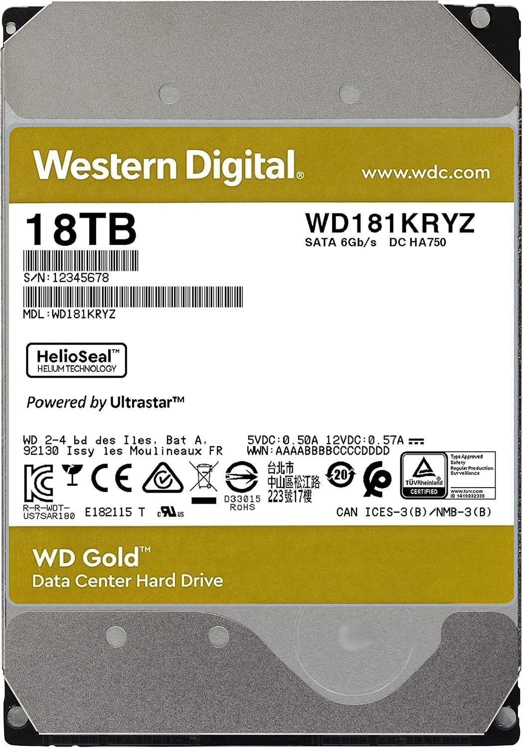 Western Digital  WD Gold WD181KRYZ 18TB 7200 RPM SATA 6Gb/s 512MB 3.5" HDD